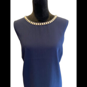 Dalia Blouse Plus Size 2X Navy Rhinestone Faux Pearl Neckline Dressy Classy Top